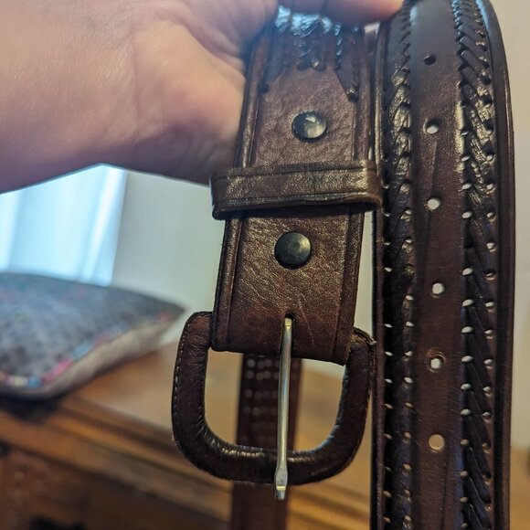Vintage Leather Weave‎ Belt Boho Brown Leather Covered Buckle Unisex Size 42 main image 4